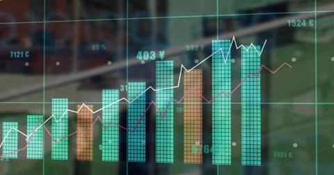 Showing transparent digital display with bar charts, line graphs and currency Illustrazione stock