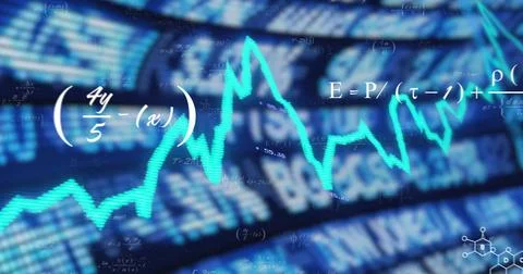 Showing turquoise line graph in trading monitor with blurred ticker, formulas, Stock Illustration