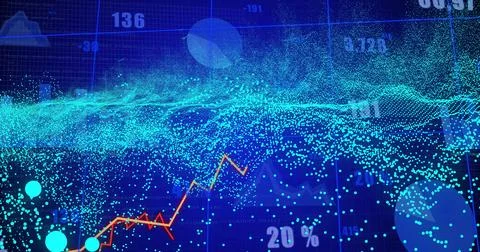 Showing turquoise point-cloud wave flowing across blue dashboard, with orange Stock Photos