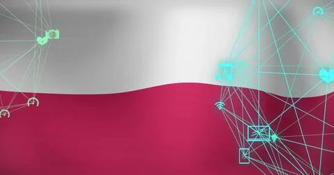 Showing two-band wavy graphic on poster, with cyan network nodes and music heart Stock Illustration