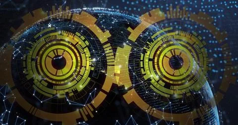 Showing two concentric HUD elements around globe in virtual space, with network Stock Photos