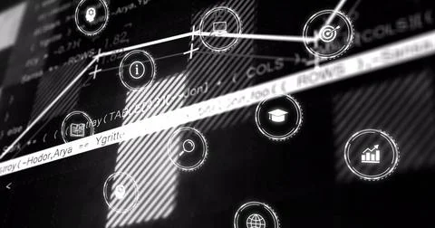 Showing UI icons and code text in digital interface, with data symbols, striped Stock Photos