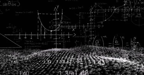 Showing undulating point-cloud grid in data space, featuring floating numbers, Illustrazione stock