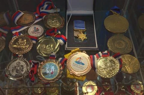 Showing of various medals dedicated to Novi Sad, Serbia Stock Photos