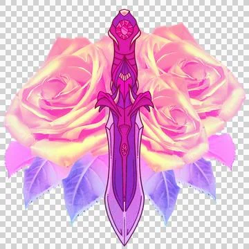 Showing vector art dagger with ornate hilt on gradient roses with violet leaves Stock Illustration