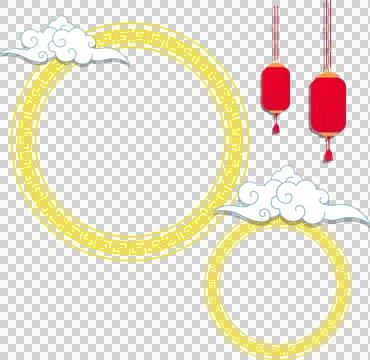 Showing vector gold frames with meander, cloud motifs, hanging red lanterns, イラスト素材