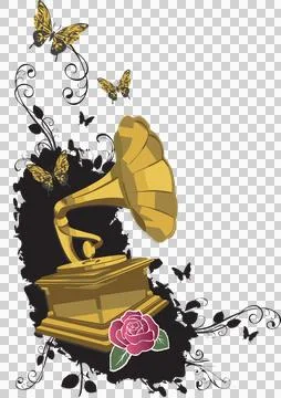 Showing vector gramophone with vines, golden-black butterflies  and  red rose on Stock Illustration
