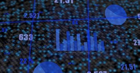 Showing vertical bar chart plotting monthly data on 3D screen with blue grid and Stock Illustration