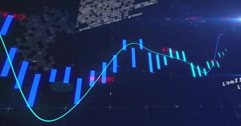 Showing vertical bars, line graph and red labels in analytics interface with Illustrazione stock