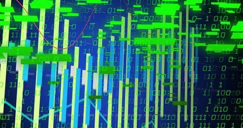 Showing vertical data columns overlaying neon-green binary digits on dashboard, Stock Illustration
