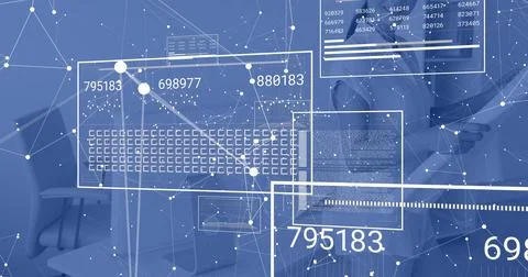 Showing virtual data overlay over lab desks, showing numeric readouts, node web, 库存照片