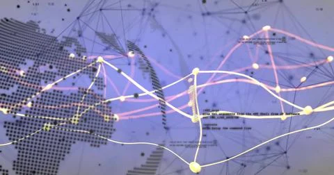 Showing virtual global network projecting glowing nodes with curved lines, 스톡 일러스트
