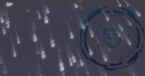 Showing virtual security dashboard glowing with shield envelope icon and bina Stock Illustration