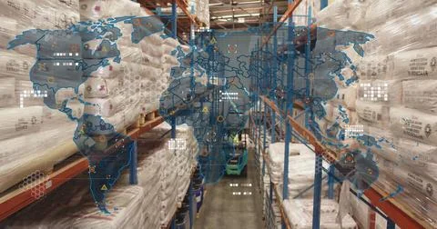 Showing warehouse aisle holding racks with wrapped sacks and forklift, with Foto stock