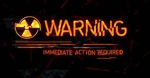 Showing WARNING with glitch shards on screen, with hazard icon and IMMEDIATE  Stock Photos