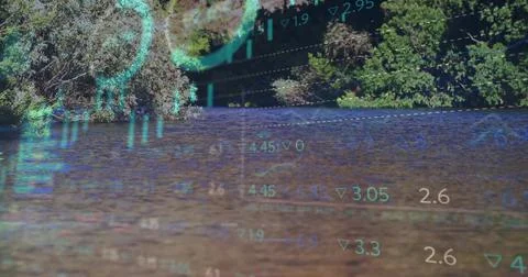 Showing water surface displaying translucent cyan HUD elements over river, with Fotos Stock
