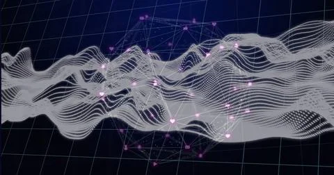 Showing wave flowing over 3D grid, with pink nodes, white lines showing heart, Stock Illustration