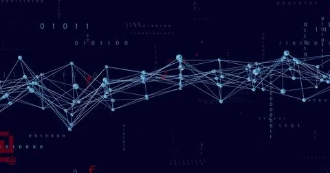Showing waving network graph moving across navy field with blue nodes, halos and 스톡 일러스트