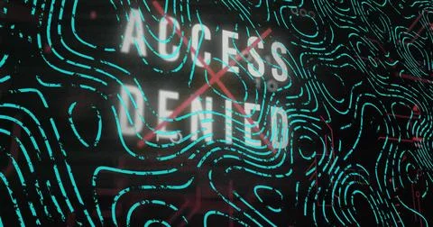 Showing white ACCESS DENIED text with red X on computer screen with neon teal Stock Illustration