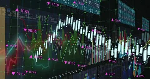 Showing white candlestick bars across dark trading screen, with colored lines, Illustrazione stock