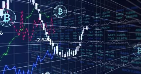 Showing white candlestick chart rising on trading screen, with blue or green or Stock Photos