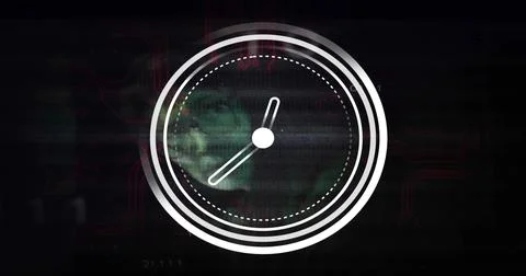 Showing white clock graphic overlaying screen with green globe, red circuits, Stock Illustration