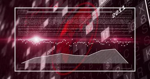 Showing white data panel in dark red interface displaying dotted stream, area Stock Illustration
