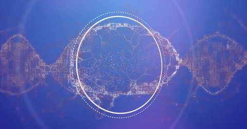 Showing white dotted circle overlay framing network-like lines on color Stock Photos