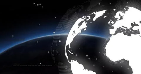 Showing white Earth globe spinning in space, with sunlit horizon and dotted map Stock Illustration