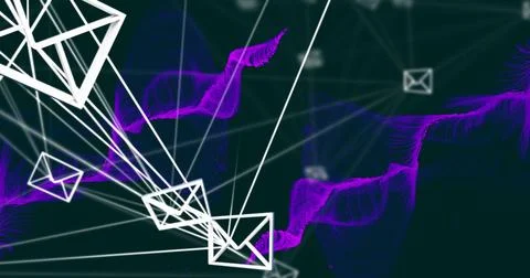 Showing white envelope icons linking via white lines across network space, with Illustrazione stock