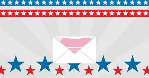 Showing white envelope with pink card and seal sitting center on patriotic Stock Illustration