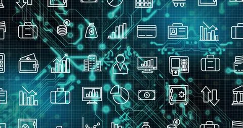 Showing white finance icons array, coins credit card covering circuit grid with Stock Illustration
