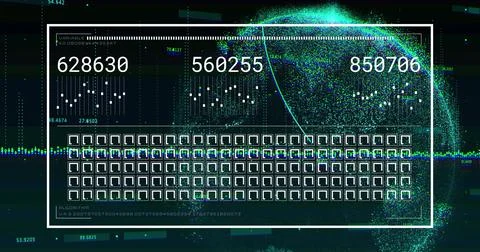 Showing white frame displaying three numbers, grid, waveform on digital UI, with Stock Illustration