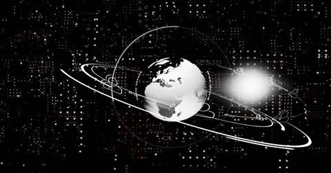 Showing white globe in dark grid, with orbital rings, dotted lines, bright flare イラスト素材