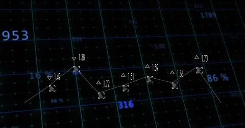 Showing white line graph tracing triangle markers, numeric labels and reticles Stock Illustration