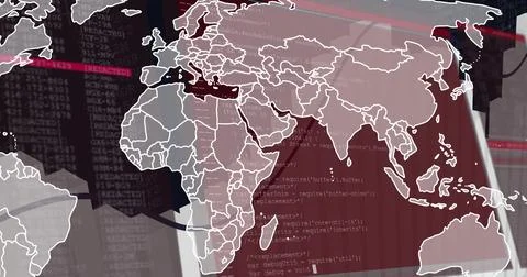 Showing white outlined world map overlay on office desk with red code terminal, Stock Illustration