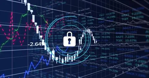 Showing white padlock locking data on deep blue grid with cyan rings, candles, Stock Illustration