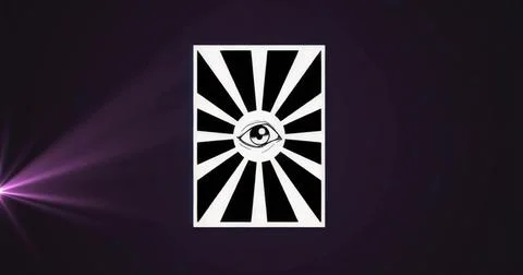 Showing white panel featuring stylized eye with black radiating rays on purpl イラスト素材