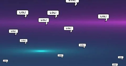 Showing white pixel speech bubbles floating on neon gradient, black LOL! text Stock Illustration