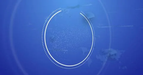 Showing white ring with solid or dotted arcs on blue screen, revealing dots, map Stock Photos