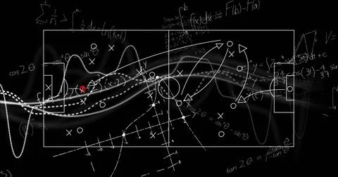 Showing white schematic soccer field on chalkboard, with X and O markers, arr Illustrazione stock