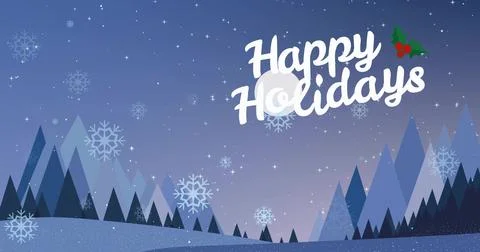 Showing white script Happy Holidays greeting in winter night with holly Stock Illustration