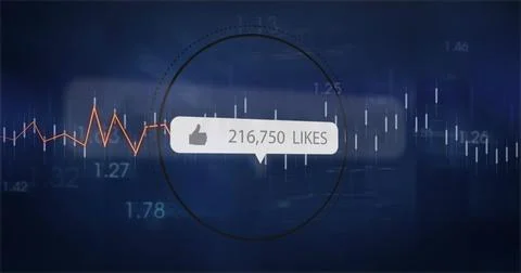 Showing white speech bubble thumbs-up 216,750 LIKES centered on dashboard with Stock Illustration