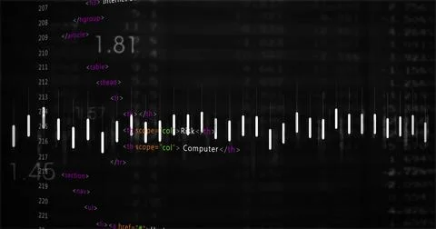 Showing white waveform bars running across dark UI, with code tags, line 库存照片