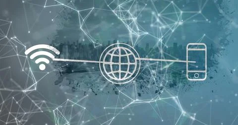 Showing white Wi-Fi, globe and phone icons connecting over city skyline with Stock Illustration