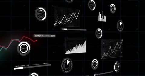 Showing widget cluster centered in analytics HUD, with line charts, area, Stock Illustration