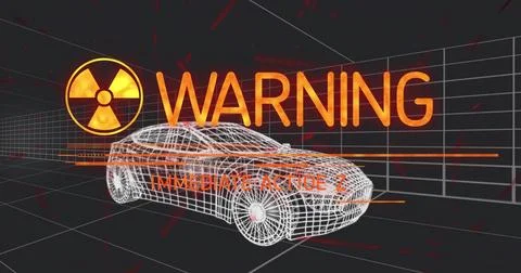 Showing wireframe car in grid chamber with orange WARNING, radiation trefoil, Stock Illustration