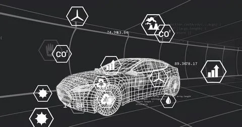 Showing wireframe car model moving inside simulated tunnel, with hex icons and Illustrazione stock