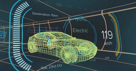 Showing wireframe car model navigating in virtual grid tunnel, with digital d Stock Illustration