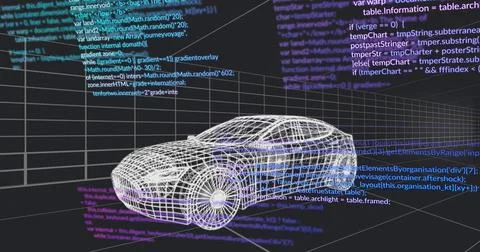 Showing wireframe car model occupying center of virtual 3D perspective grid, 스톡 일러스트